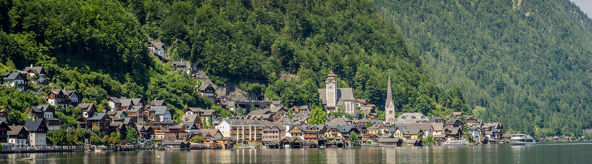 Hallstatt village between the lake and forested mountains