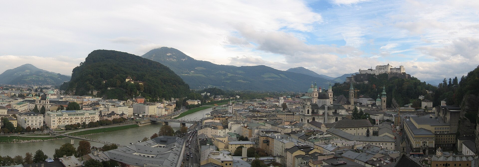 Panorama over Salzburg, the Salzach river and Hohensalzburg Fortress